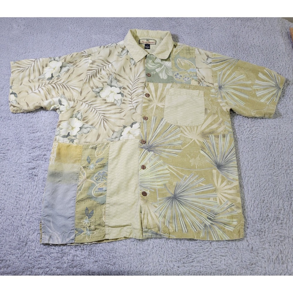 Tommy Bahama Camp Shirt Mens Medium Loop Collar Patchwork Island Palm Relax